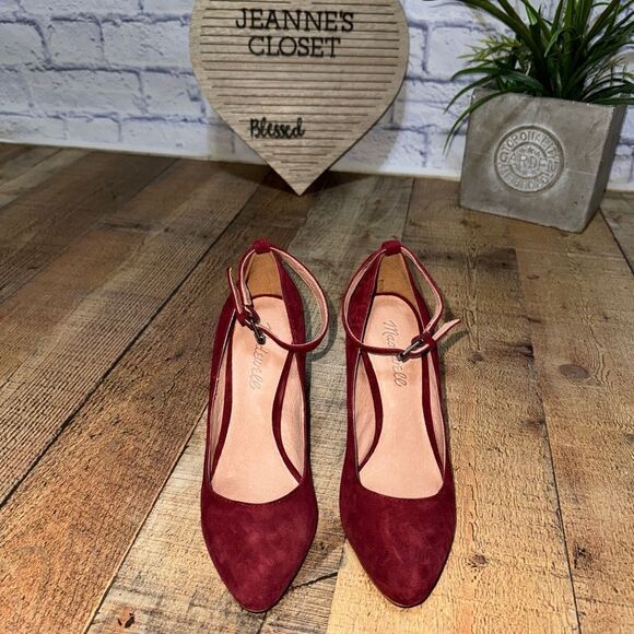 Madewell Sz 5 Cara Red Suede Block Heel Adjustable Stretch Buckle Ankle Strap - Picture 10 of 10
